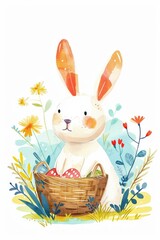 A cute bunny amidst a garden of Easter eggs and spring flowers.