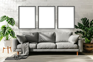 Three Frame mockup, Living room wall poster mockup. Interior mockup with house background. Modern interior design.