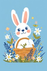 Fototapeta premium A happy bunny in a meadow of flowers for your Easter wishes.