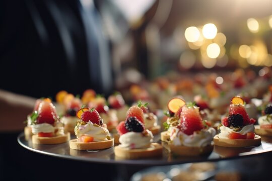 A platter featuring a variety of small appetizers topped with fresh fruit. Perfect for parties and gatherings