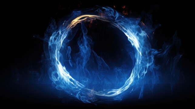 A ring of blue smoke on a black background. Ideal for use in artistic projects or for creating a mysterious atmosphere