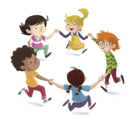 Children playing holding hands isolated