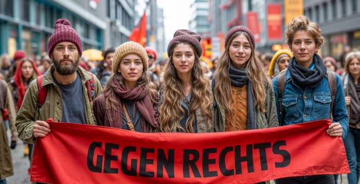 Junge Aktivisten halten bei einem Protestmarsch ein Banner &bdquo;Gegen rechts" hoch