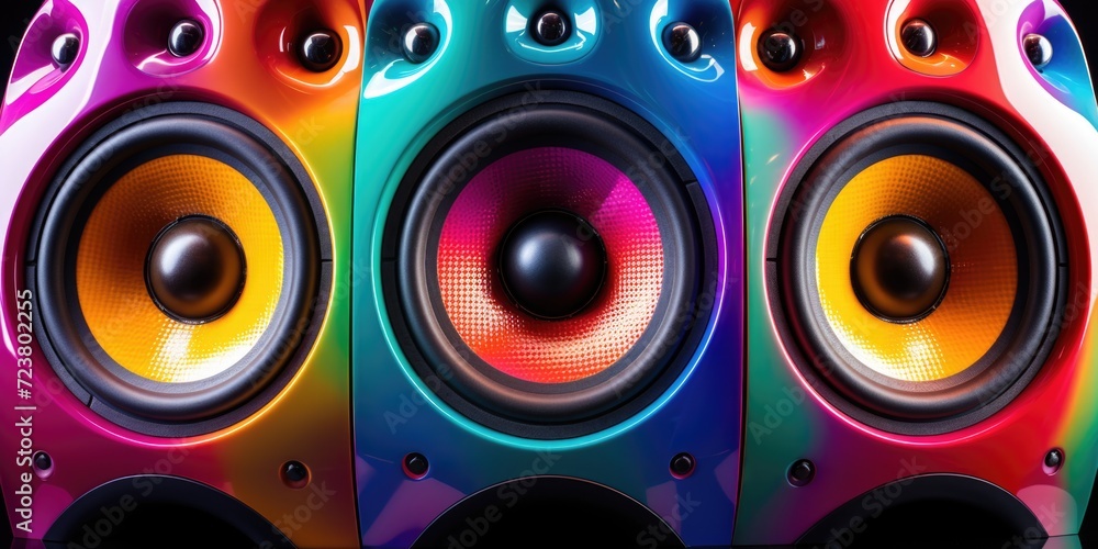 Poster Two vibrant speakers stacked on top of each other. Perfect for adding a pop of color to any audio setup.