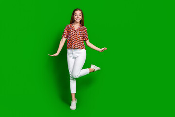 Full size photo of good mood cute teenager wear print blouse white trousers stand on one leg isolated on vibrant green color background