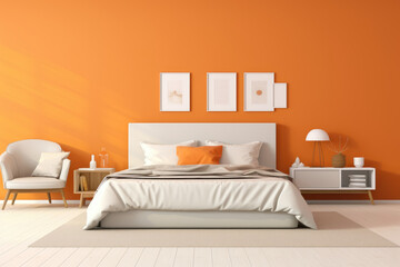 Minimal bedroom interior design in orange color with modern bed and decoration