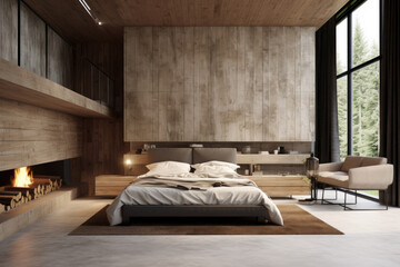 Minimal bedroom interior design in rustic color with modern bed and decoration