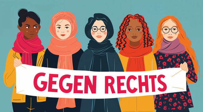 Multikulturelle Frauen halten ein Banner mit einer Botschaft "Gegen rechts"