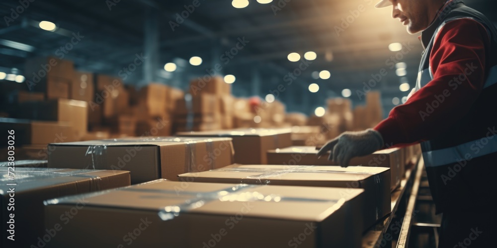 Poster a man is pictured in a warehouse surrounded by boxes on a conveyor belt. this image can be used to d