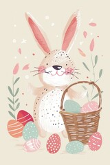 Easter happiness depicted with a charming bunny, eggs, and floral beauty.
