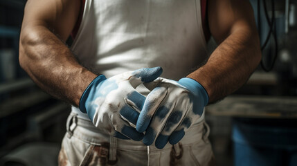 A man in a garage, in full work clothes, with white latex gloves, rubber gloves, close-up of his hands, the gloves are dirty, grease on the gloves, close-up.