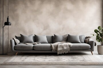 an AI image of a fabric sofa adorned with grey pillows and a blanket, set against a stucco wall in the Wabisabi style of home interior design within a modern living room