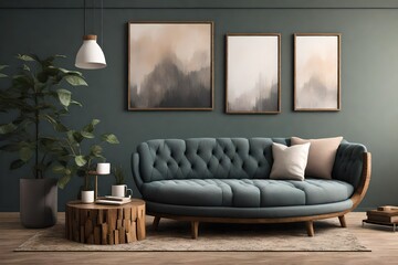 an AI prompt for an AI to create an image of a modern living room featuring a round rustic loveseat sofa, a stump side table, and a wall as part of the interior design