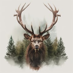 Portrait of wild deer with forest in the background. Hand-drawn illustration. Generative Ai.