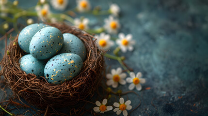 Bird Nest Filled With Blue Speckled Eggs
