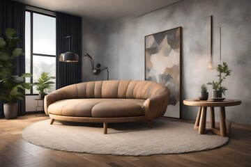 an AI prompt for an AI to create an image of a modern living room featuring a round rustic loveseat sofa, a stump side table, and a wall as part of the interior design