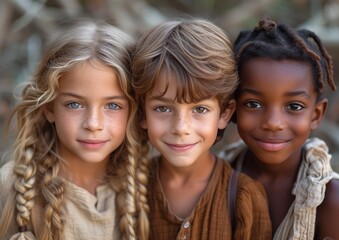 Obraz premium Portrait of a group of kids looking at camera in the park. Generative Ai. 