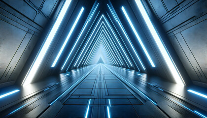 A futuristic corridor illuminated with blue strip lights