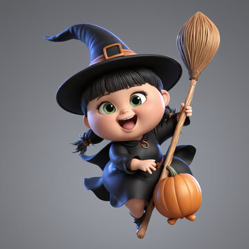 recommend clip art: cute 3d kids wear witch costume for halloween card