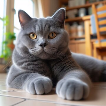 Gray cat chilling out on the floor, stock photo