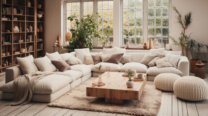 Modern living room interior design in scandinavian style. Sofa, coffee table, bookshelf, coffee table and plants .