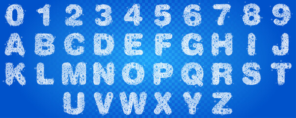 Soap foam rounded bold font. Transparent bubble alphabet. All capital latin letters and Arabic numerals. 36 separated characters, 768*768px each ready to be copied and pasted into your projects.
