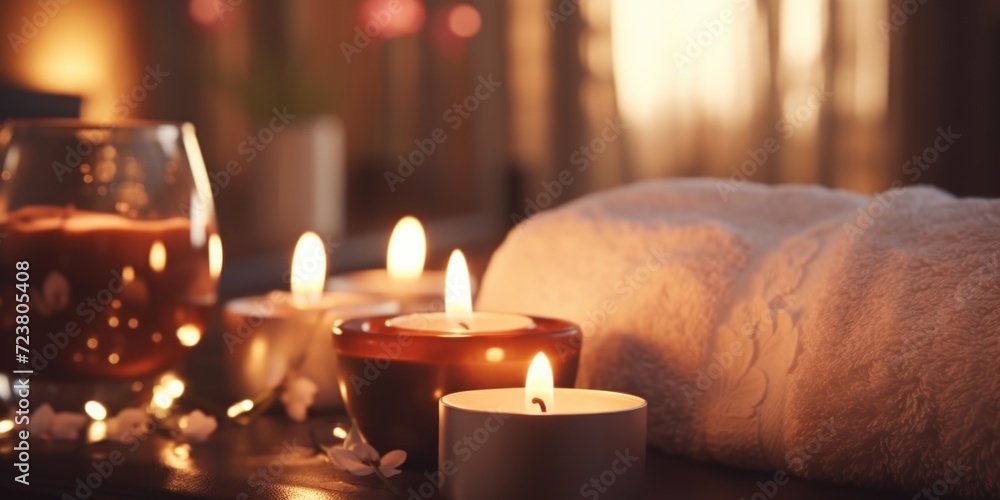 Aufkleber A table set with candles and a towel. Perfect for creating a cozy atmosphere or for a spa-themed event