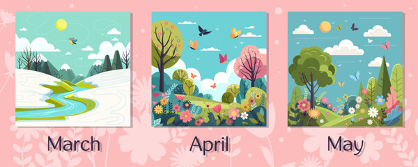Spring frame calendar with different landscapes of green meadow with butterflies on sky and snowy valley in mountains. Colorful wild flowers blooming. Artistic drawing with flora. Vector illustration - obrazy, fototapety, plakaty