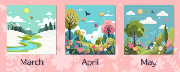 Tuinposter Spring frame calendar with different landscapes of green meadow with butterflies on sky and snowy valley in mountains. Colorful wild flowers blooming. Artistic drawing with flora. Vector illustration © GN.STUDIO
