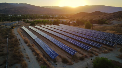 Fototapeta premium Solaranlage mit vielen tausenden Solarzellen und Solarpanels auf einem riesigen Feld in der Sonne Generative AI