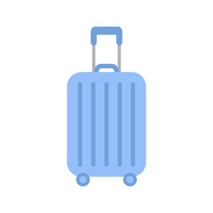 Blue Suitcase on wheels with a handle. Luggage or baggage, plastic bag flying, creative journey concept, travel concept. Flat vector illustration isolated on white background