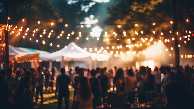 Blurred image of people at music festival with bokeh background
