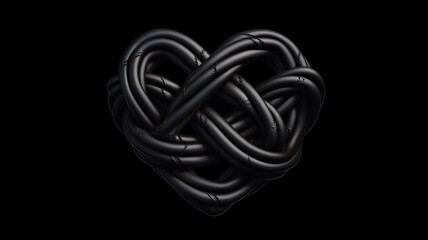 interlacing heart shape braided black leather belt on a black background unusual valentine, psychology addiction