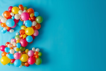 Number 2 made out of colorful balloons with a solid background. Age, anniversary, birthday, party celebration background.
