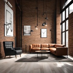 Fototapeta premium an AI-produced depiction of a living space showcasing an industrial design, featuring a leather sofa and a brick wall ar 3:2