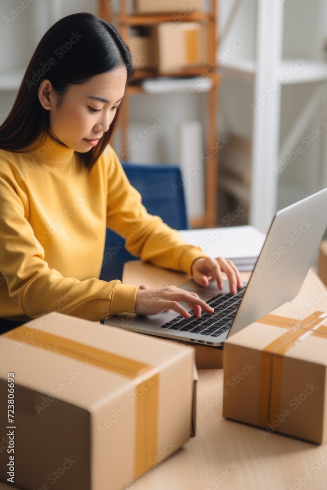 Poster a woman sitting at a desk using a laptop computer. suitable for business, technology, and remote wor
