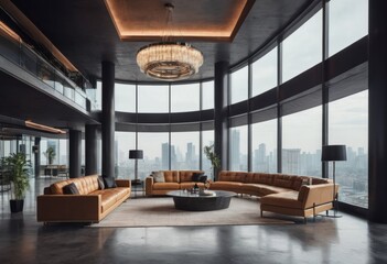 Fototapeta premium Big empty modern kitchen and living room wooden table, big couch and big windows
