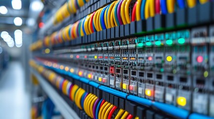 A close up of a server rack with colorful cables - obrazy, fototapety, plakaty