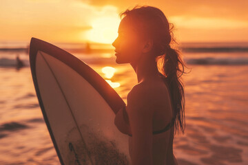 Fototapeta na wymiar Beautiful woman surfer on the beach with surfboard