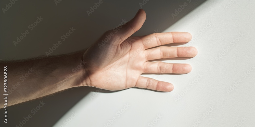 Poster A person's hand can be seen reaching out of a wall. This image can be used to represent concepts such as help, support, or breaking through barriers