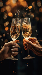Two hands clinking glasses of champagne with bokeh lights background