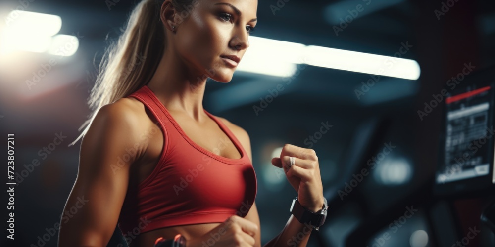Poster woman in a red top running on a treadmill. suitable for fitness and exercise concepts