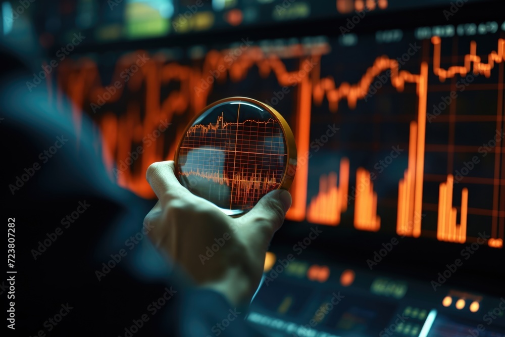 Poster A person is seen holding a magnifying glass in front of a computer screen. This image can be used to represent concepts related to research, investigation, technology, and digital security