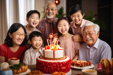 Fototapeta na wymiar Asian family spanning multiple generations celebrates a family member's birthday at home.
