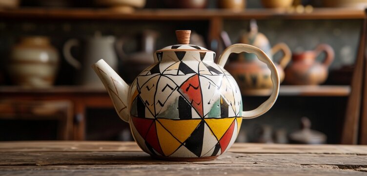 An elegant mid-century modern tea kettle adorned with geometric patterns in bold contrasting hues.