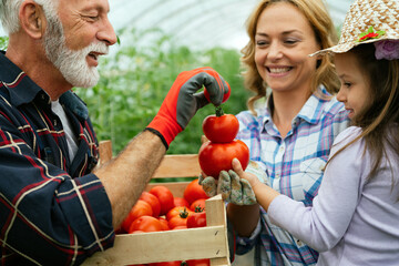 Fototapeta premium Happy family, generations working together organic farm in greenhouse to grow fresh healthy food
