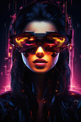 Neon color illuminated image of futuristic style cyberpunk female portrait