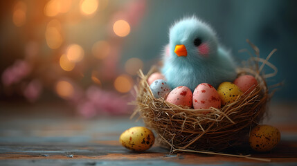 Small Blue Bird Sitting in Nest Filled With Eggs - obrazy, fototapety, plakaty