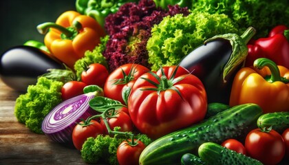 A variety of fresh vegetables, including ripe tomatoes, crisp lettuce, shiny bell peppers, purple eggplants, and fresh cucumbers