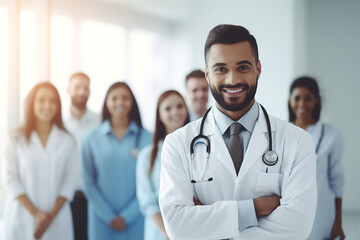 Portrait of confident male Indian doctor in front of his team, looking at camera and smiling. - Powered by Adobe